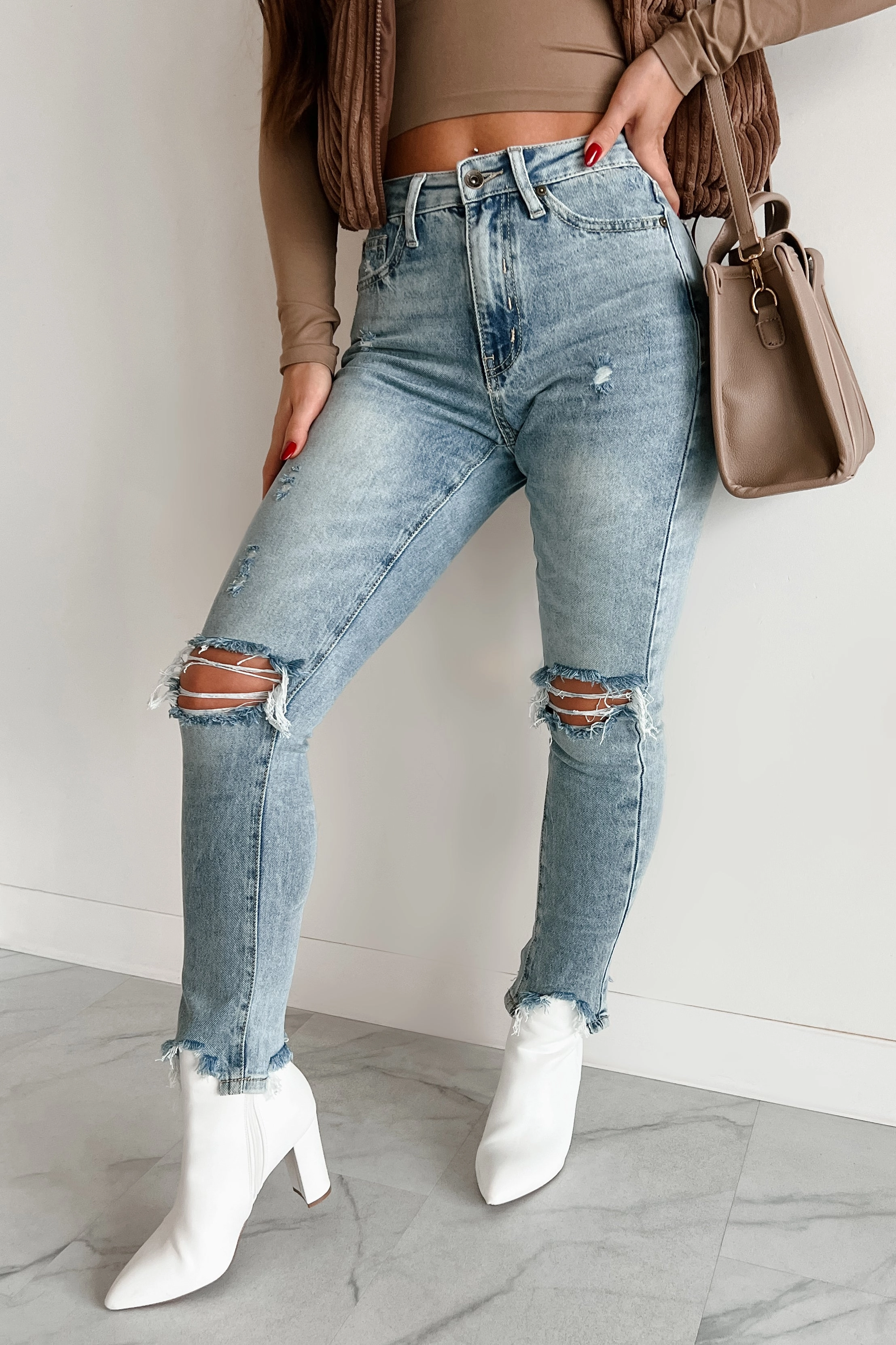 Vintage Wash Modern Utility Vince High Rise Distressed Special A Slim Straight Jeans (Medium Light)