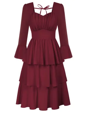 Vintage 3-Layer Cake Dress Long Sleeve Square V-Neck A-Line Midi Dress