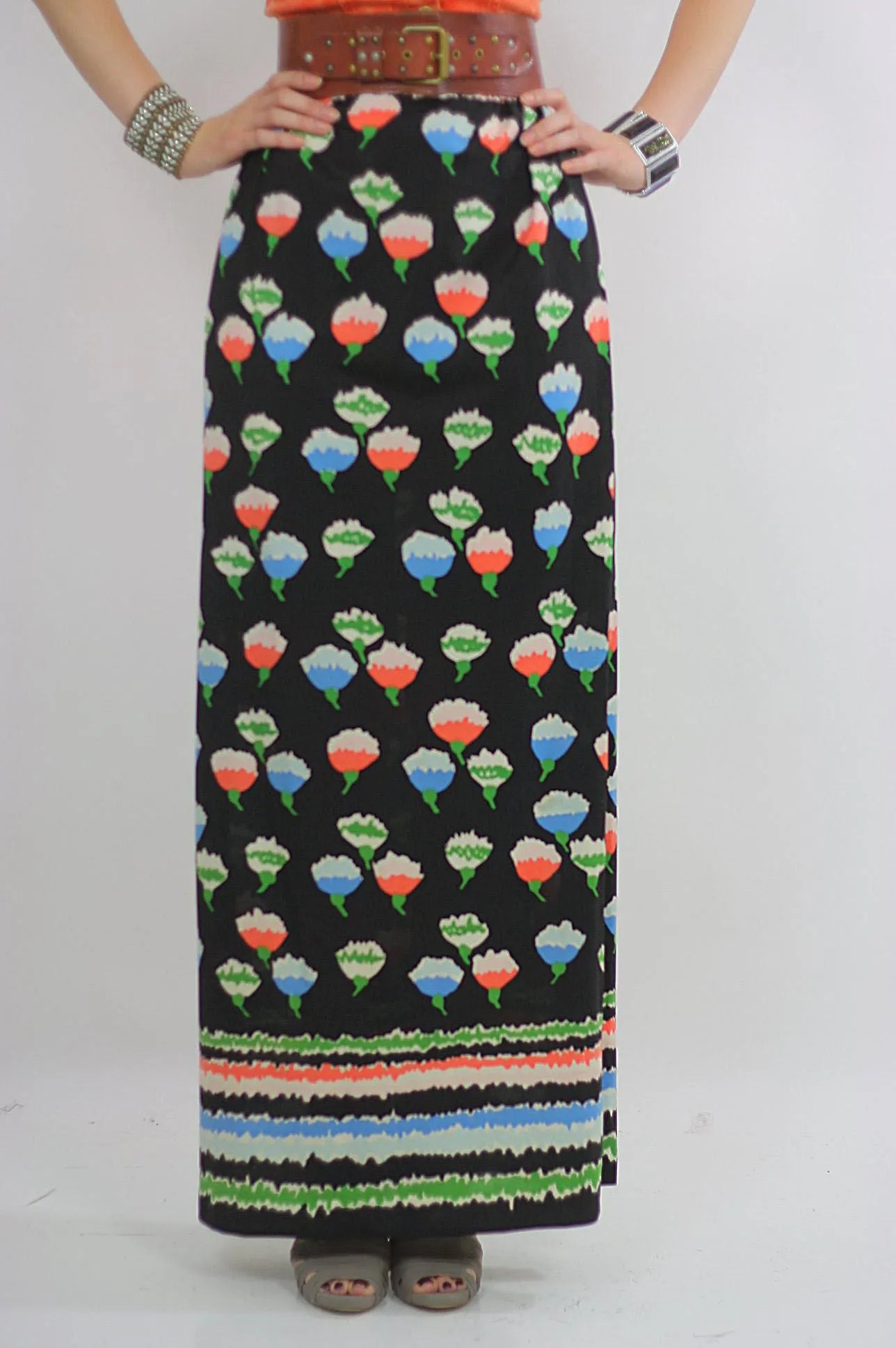 Vintage 60s Boho Hippie Floral Print Maxi Skirt