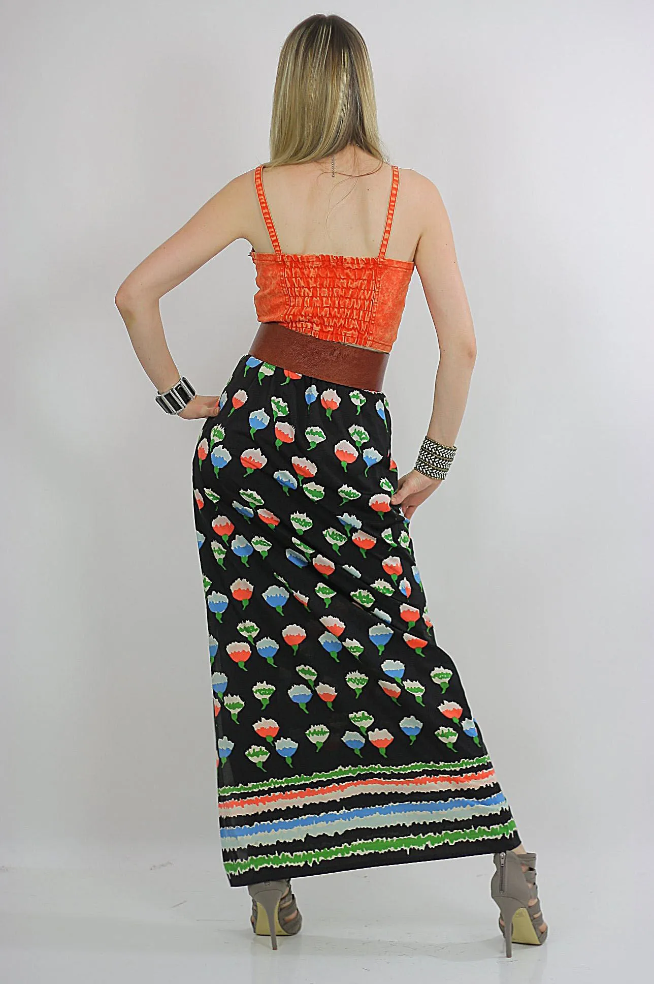 Vintage 60s Boho Hippie Floral Print Maxi Skirt