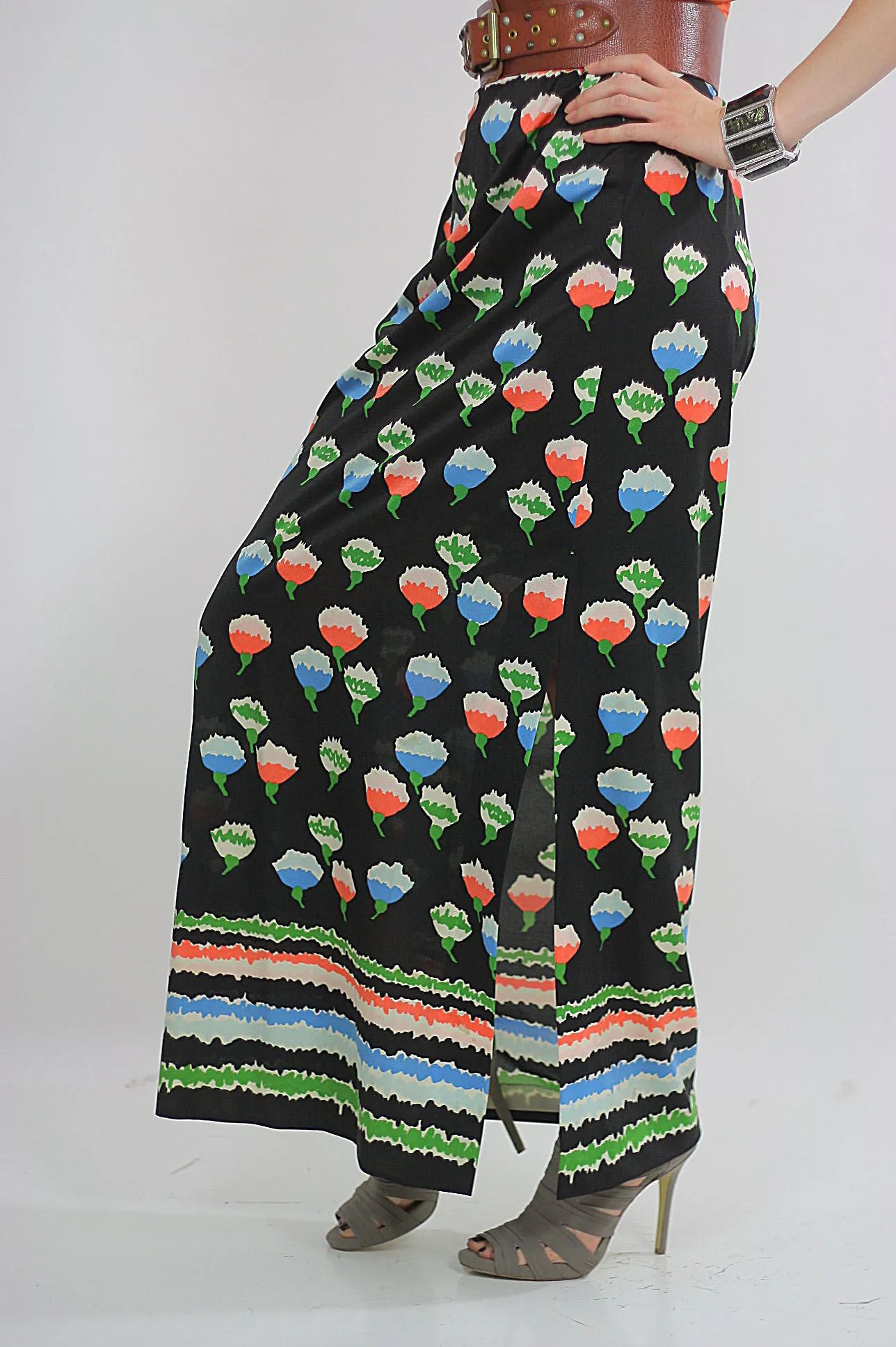Vintage 60s Boho Hippie Floral Print Maxi Skirt