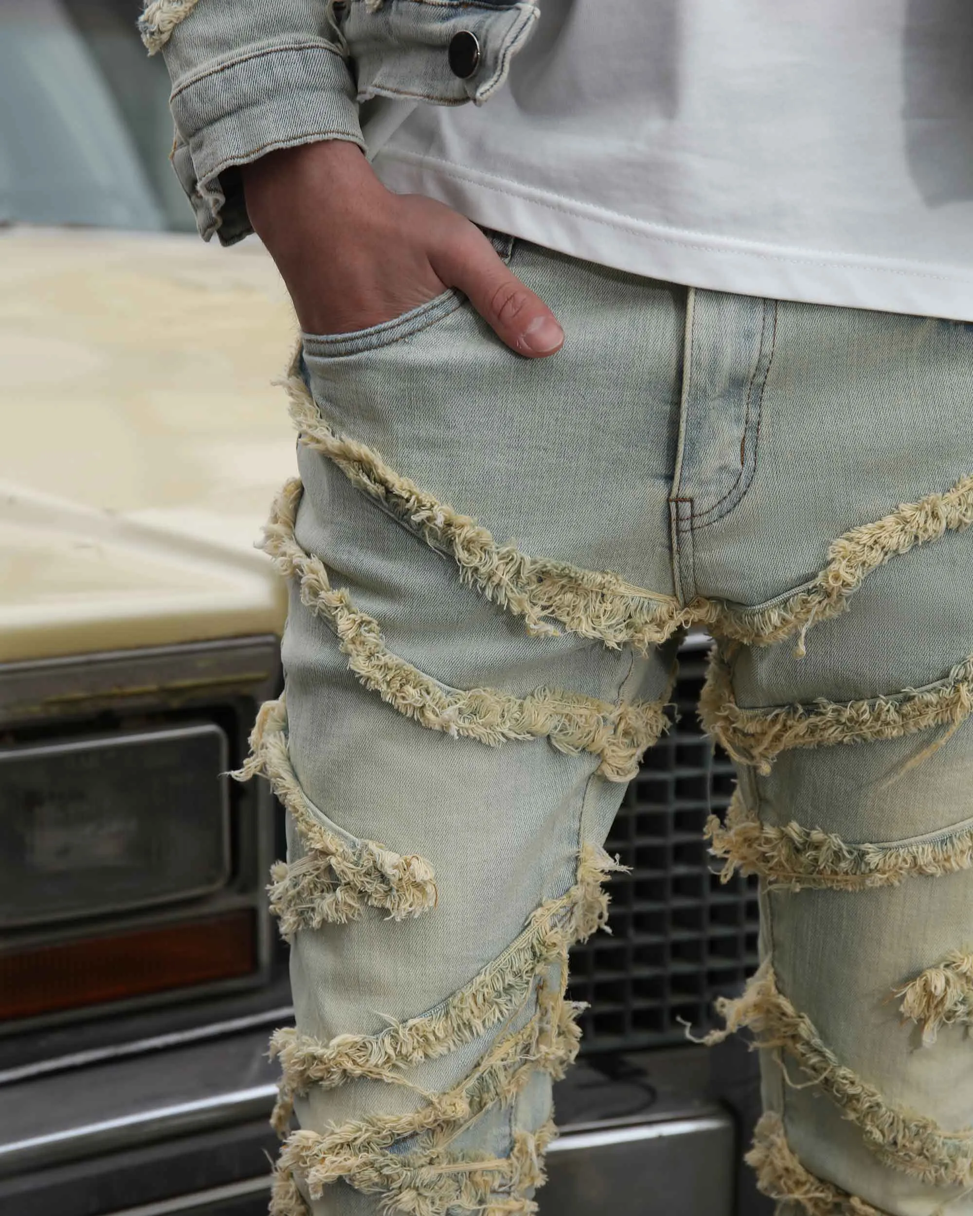 Vintage Distressed Blue Stacked Jeans with Tassel