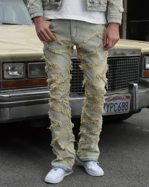 Vintage Distressed Blue Stacked Jeans with Tassel