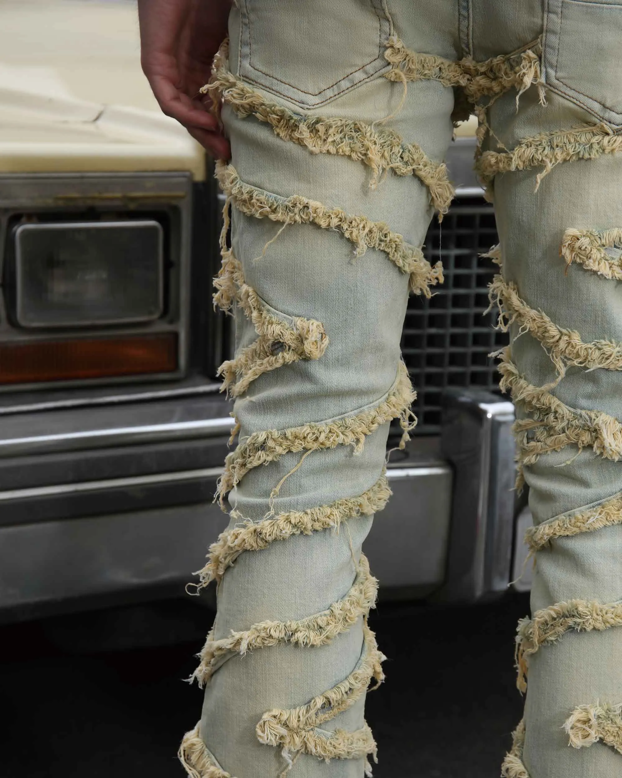 Vintage Distressed Blue Stacked Jeans with Tassel
