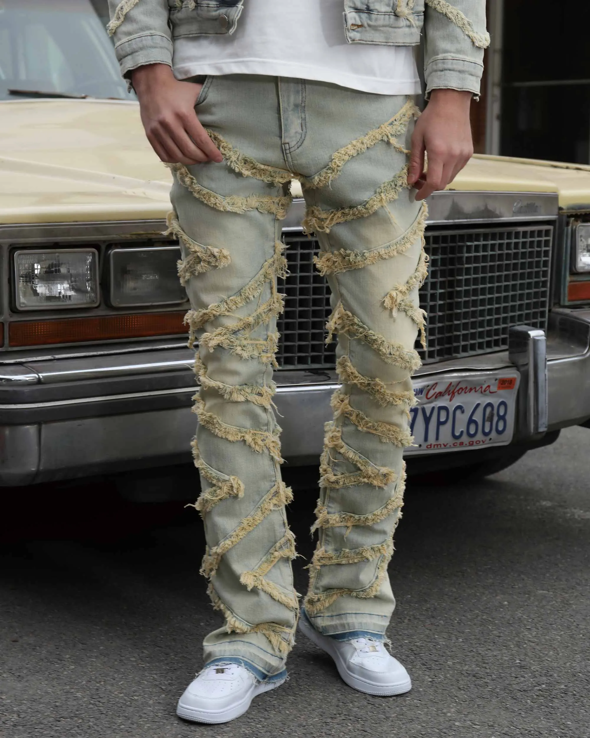 Vintage Distressed Blue Stacked Jeans with Tassel