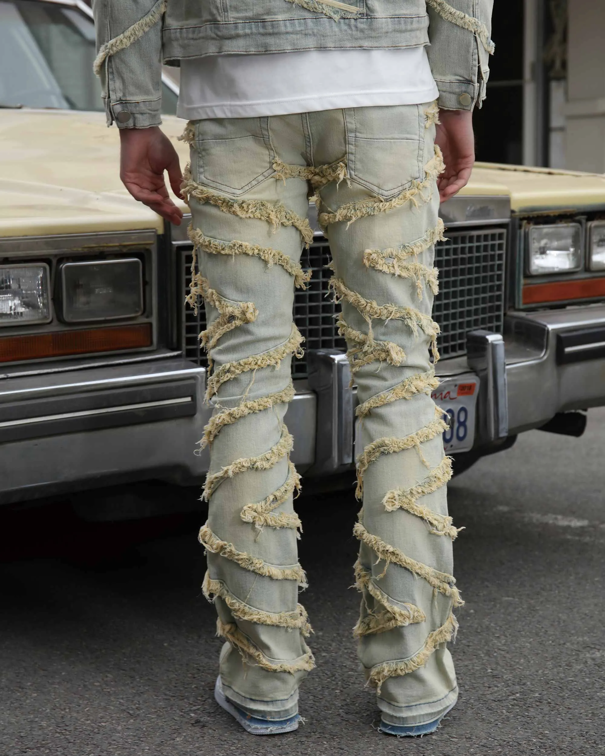 Vintage Distressed Blue Stacked Jeans with Tassel