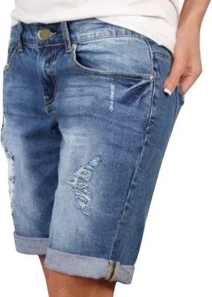 Vintage Distressed Denim Shorts Women High Waisted Folded Hem Bermuda Jeans Shorts Y2K Casual Ripped Denim Shorts Hot Shorts