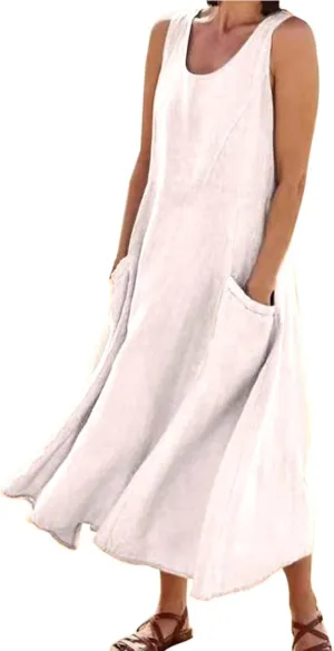 Vintage Dress for Women Comfy Beach Plus Size Linen Tank Square Neck Midi Dress with Pockets Flowy Teacher Outfits for Women