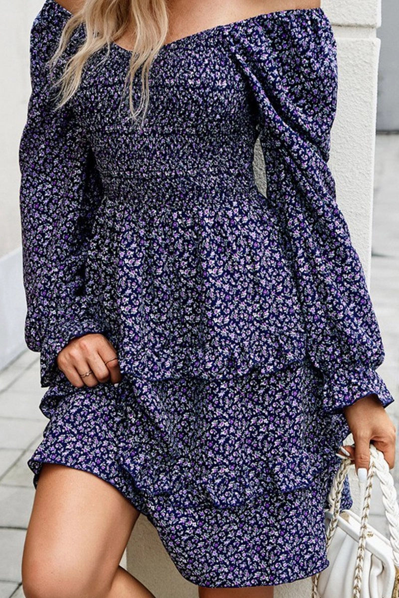 WOMEN LONG SLEEVE RUFFLE TIRED FLORAL FLOWY DRESS Sharp Look Sleek Touch