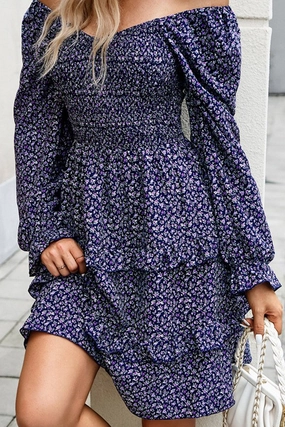 Mood Casual WOMEN LONG SLEEVE RUFFLE TIRED FLORAL FLOWY DRESS