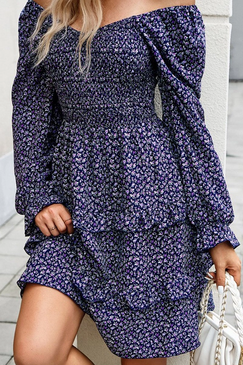 Mood Casual WOMEN LONG SLEEVE RUFFLE TIRED FLORAL FLOWY DRESS