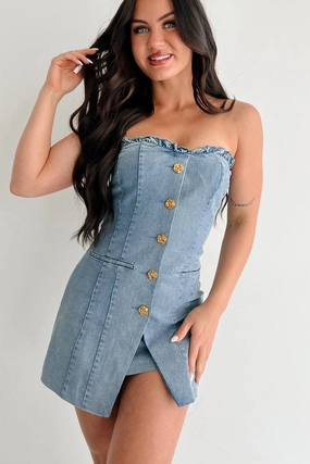 Chic casual Lounge Mode Street Couture Strapless Sweetheart Mini Dress (Denim)