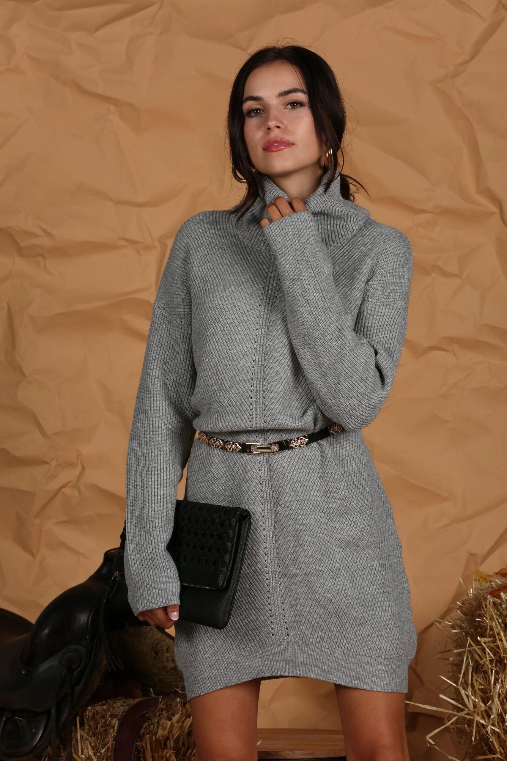 TURTLE NECK MIDI KNIT SWEAT DRESS Calm Style Urban Drape