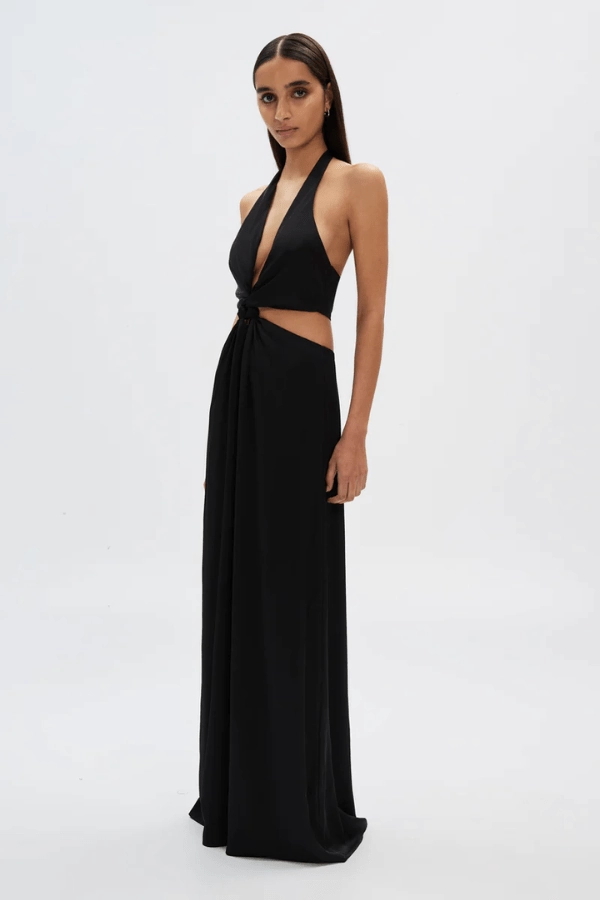 The Wander Satin Gown Black Modern Waistband