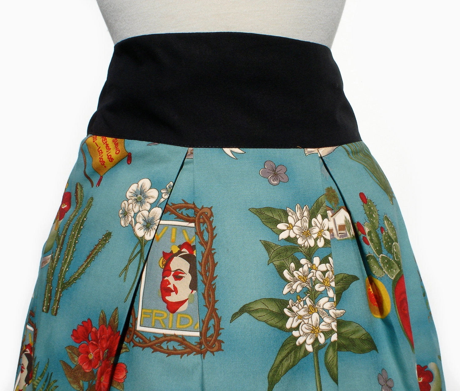 Linen Cotton Mix Viva Frida Blue Skirt #S-RS738