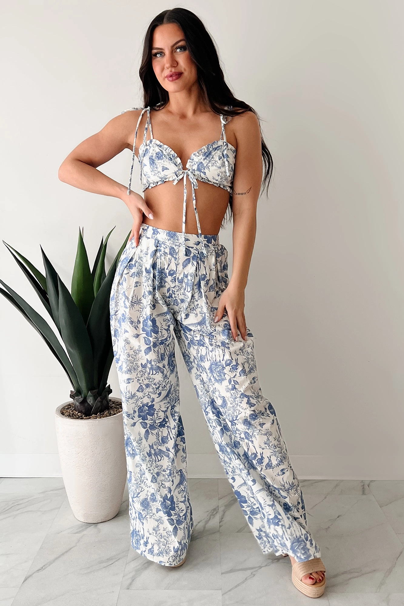 FlexibleSole summer top Vive La Vie Printed Crop Top & Pant Set (Blue)