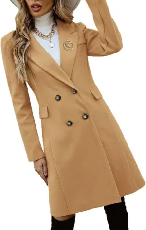 VIVICOLOR Women's Notch Lapel Wool Blend Pea Coat Single Breasted Mid-Lenght Wool Blend Trench Coat Overcoat