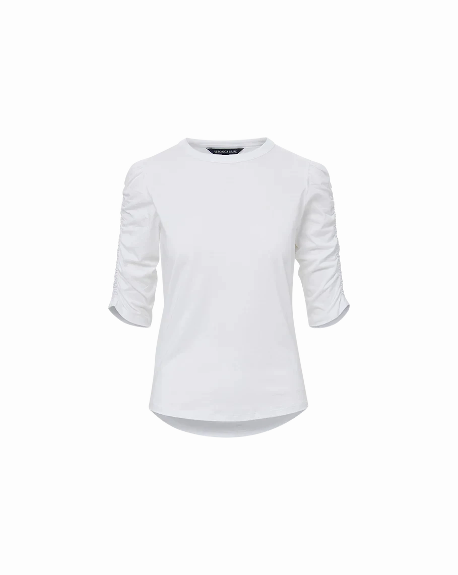 Flexible Ribbed Cuffs Waldorf Ruched-Tee White