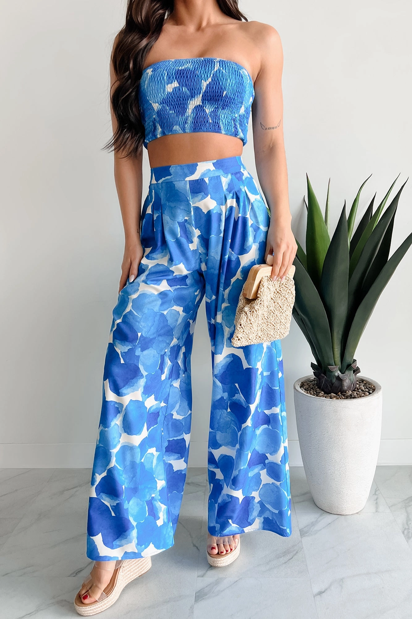 Comfy Flex Wandering Freely Two-Piece Bandeau Pant Set (Blue)