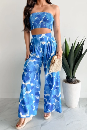 Wandering Freely Two-Piece Bandeau Pant Set (Blue) Low Maintenance Quick drying material