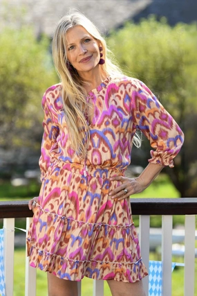 Light Weight Tailored Waistband Ibiza Dress / Purple Brown Ikat