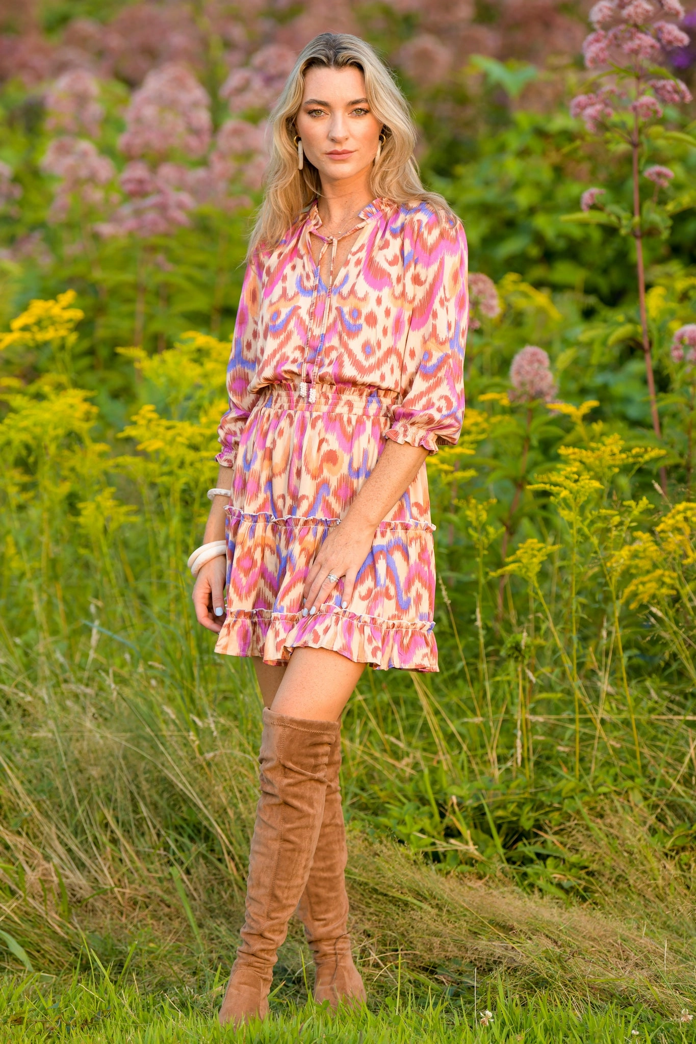 Romantic-Style Smile Feel Ibiza Dress / Purple Brown Ikat