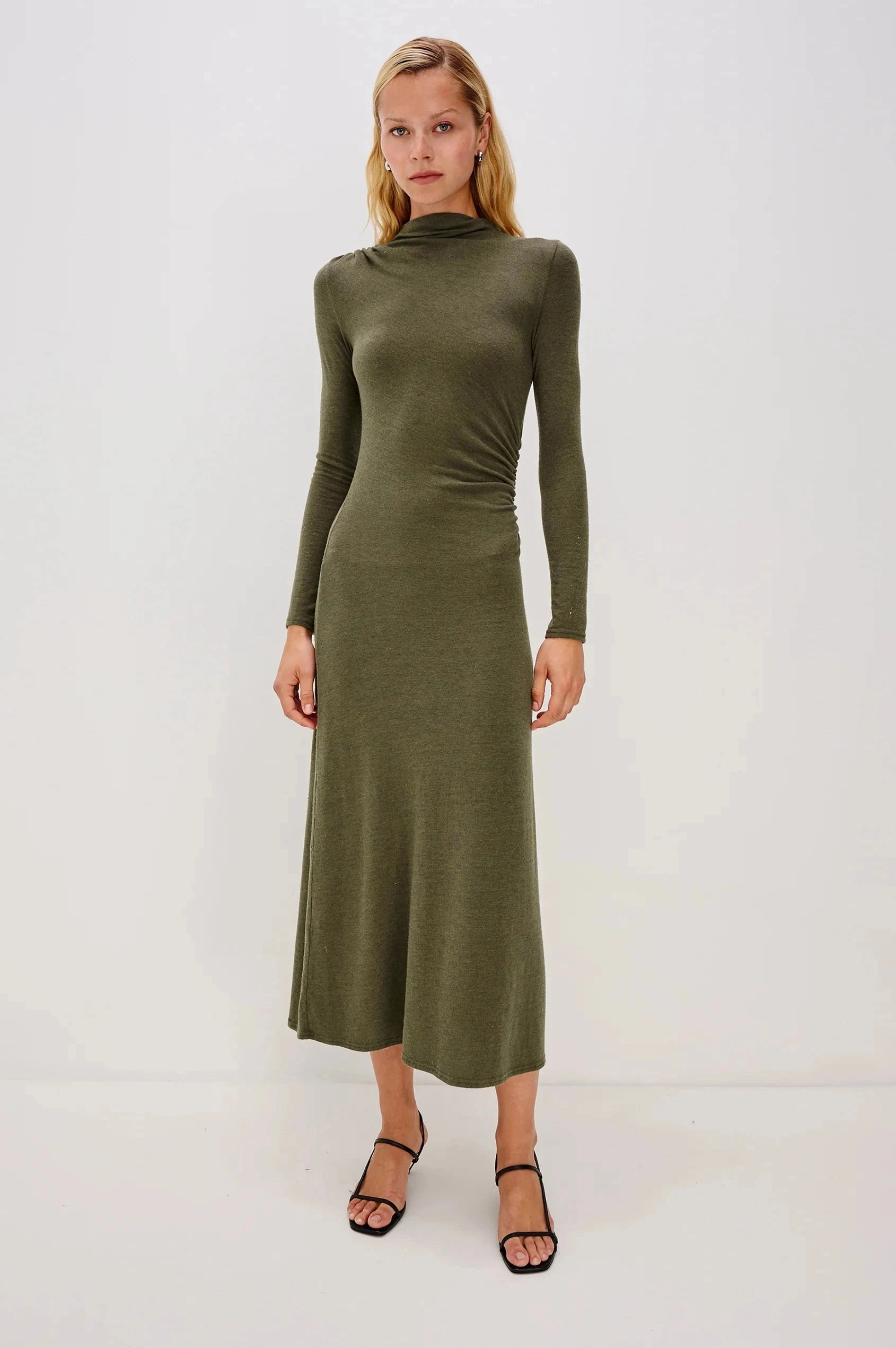 Margaret Dress Heather Olive Pleated design Light Sheen