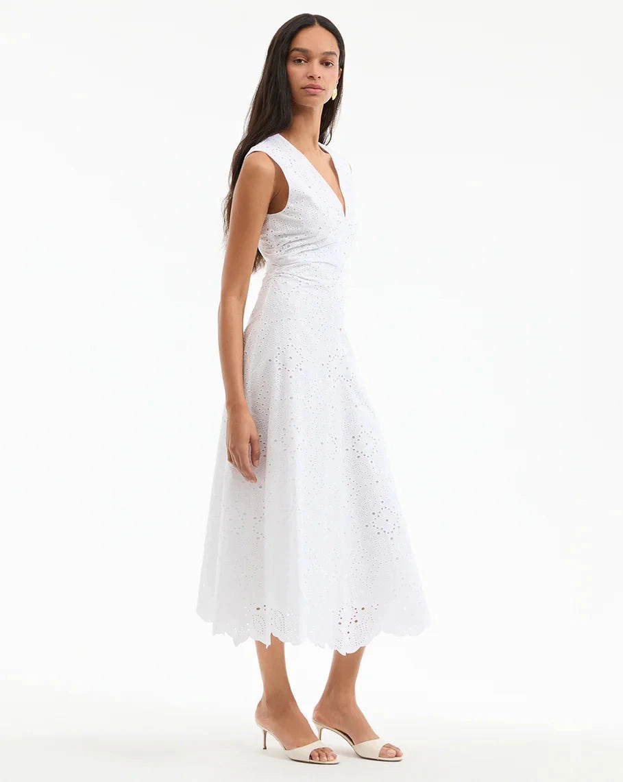 Smooth Texture Aven Eyelet Midi Dress White