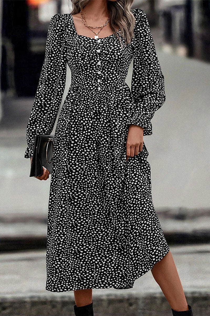 Interchangeable-Detail WOMEN DEEP SQUARE NECK LONG SLEEVE PATTERN DRESS