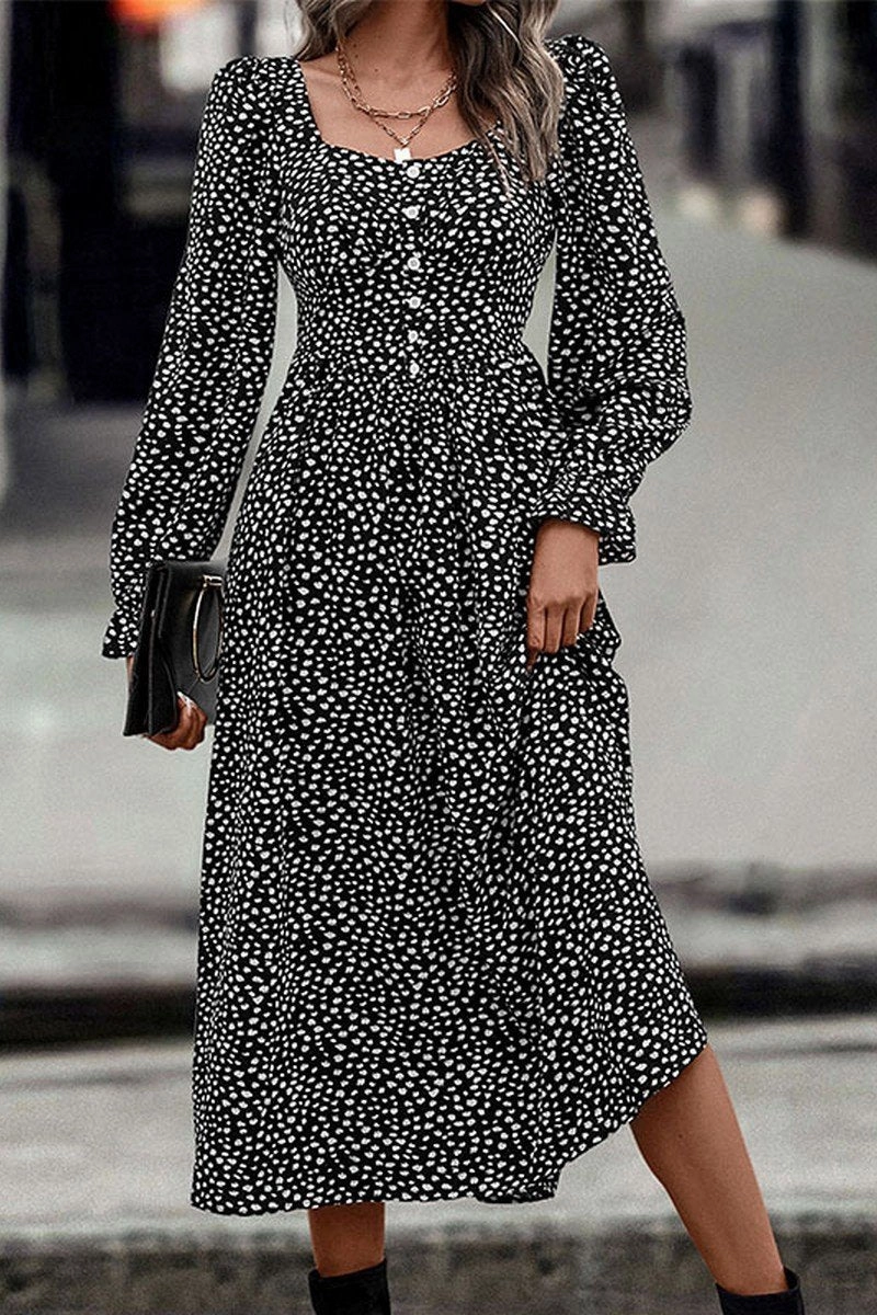 WOMEN DEEP SQUARE NECK LONG SLEEVE PATTERN DRESS Bohemian-Style Tailored-fit