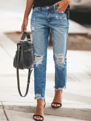 Washed distressed brushed mid-rise Ripped Jeans