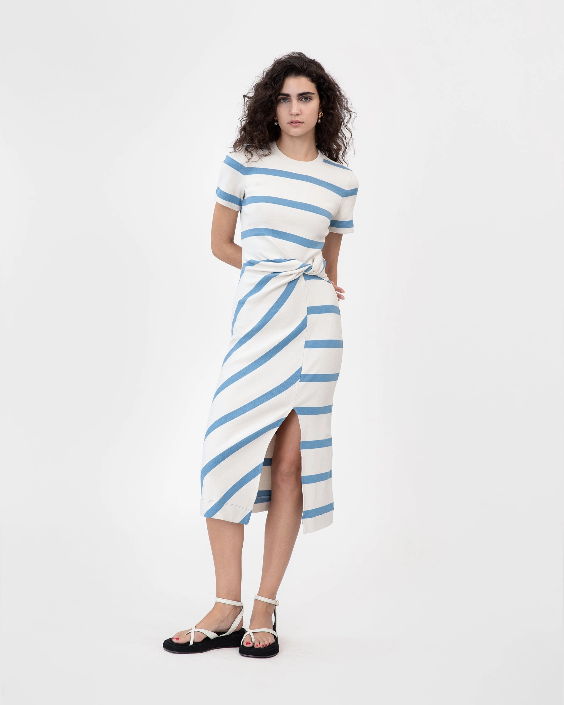 Soft Lines Flared-Hem Short Sleeve Striped Cody Dress