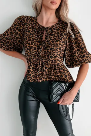 DOORBUSTER Feisty Fashion Front Tie Leopard Print Puff Top (Leopard) SnagResistant RibbedCollar