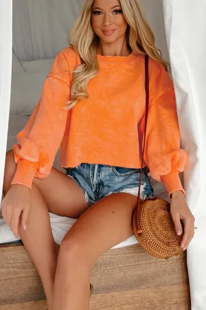 RibbedHemline Elias Raw Hem Acid Wash Cropped Pullover (Light Orange)