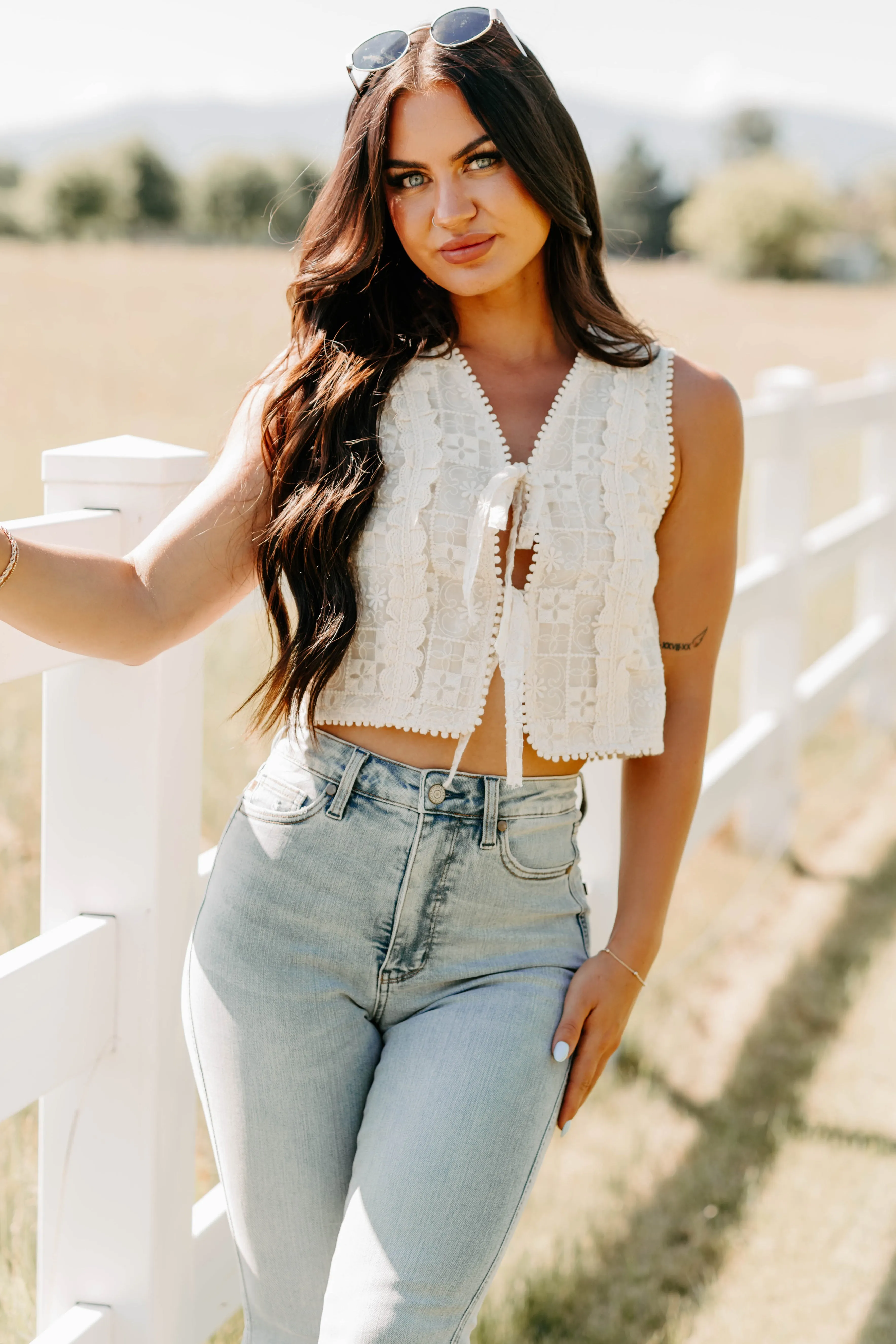 Hearts Don??t Lie Floral Lace Tie Top (Ecru) Reflective Accent Stripes