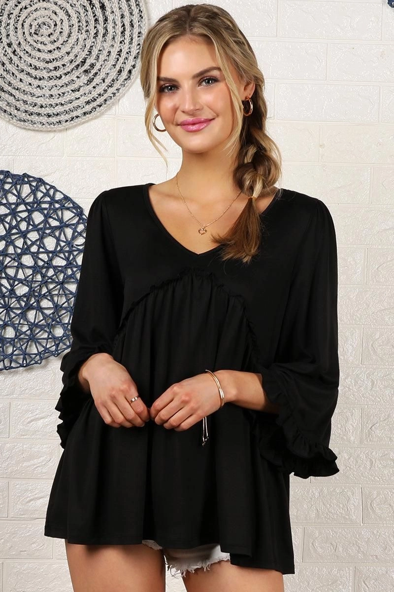 Durable Color Retention V- NECK WITH MINI RUFFLE DETAILED FLARE TOP