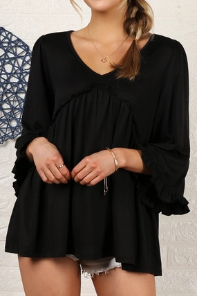 NeutralPalette Bonded Seam Construction V- NECK WITH MINI RUFFLE DETAILED FLARE TOP