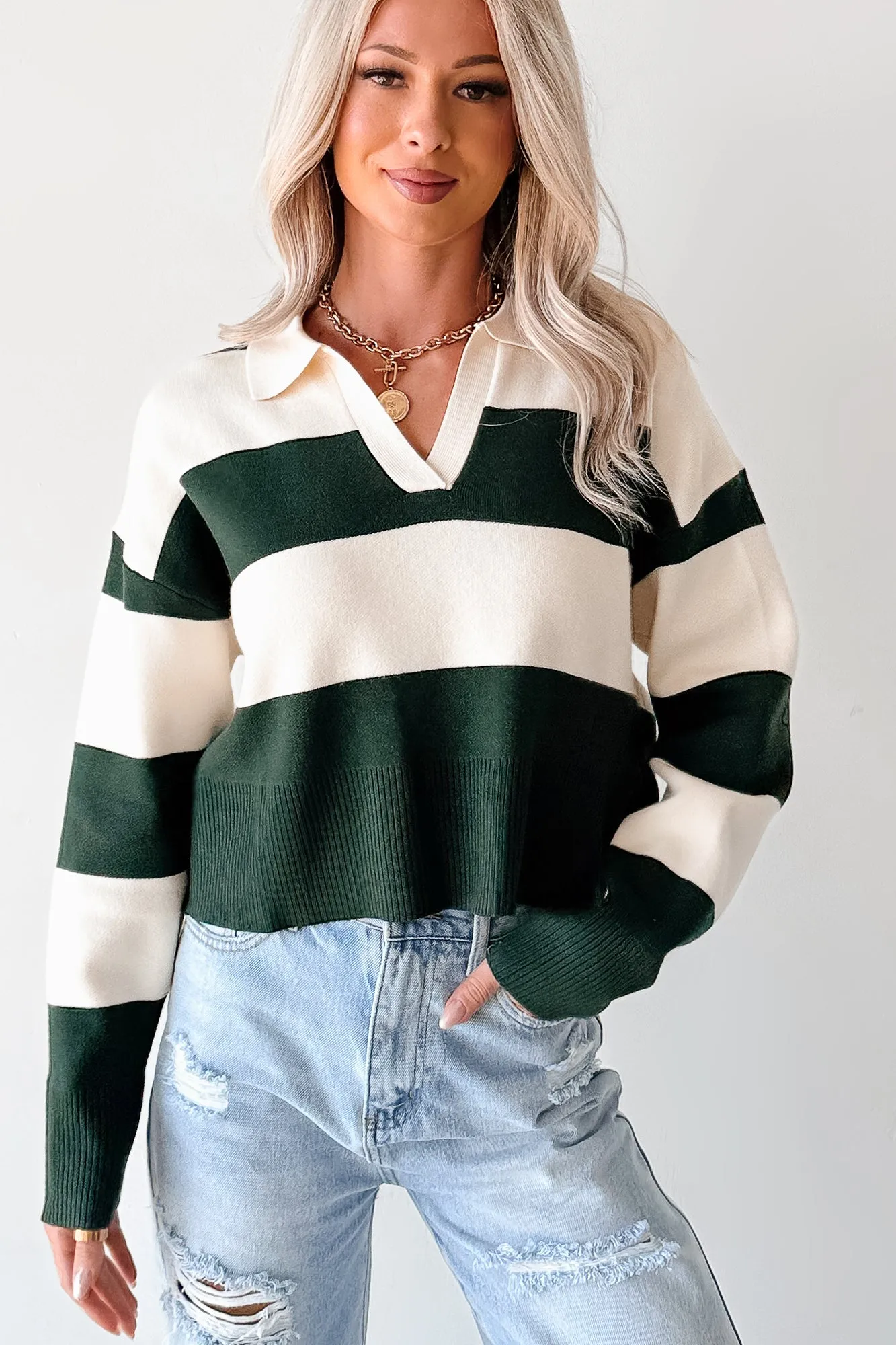 LightReflectiveTrim Lightweight Design Courtside Cool Striped Collared Sweater (Hunter Green/Ivory)