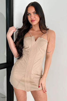 Sophisticated Edge All-Out Effort Contrast Panel Mini Dress (Taupe)