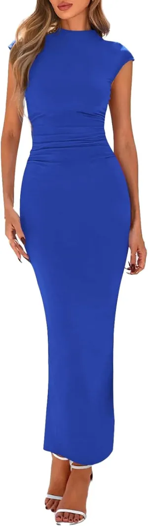 Wedding Guest Dress Casual Maxi Long Dress Crewneck Ruffle Waist Bodycon Summer Beach Vacation Sundress 2025