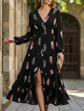 Colorful feather print three-quarter sleeve dress Relaxed Layers Flawless Construction