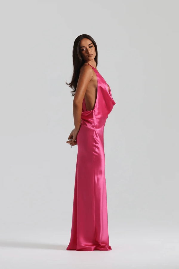 Halter neck Embroidered Fabric Gabi Gown Neon Pink