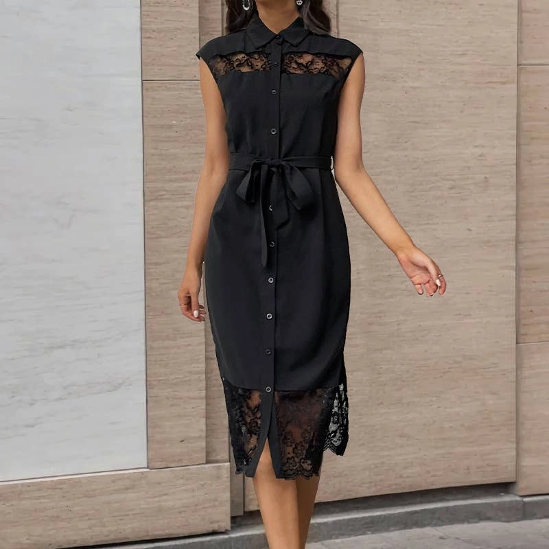 CHINESE LAPEL LACE PATCHWORK DRESS_CWDSD3973 Abstract Pattern Minimal Cut