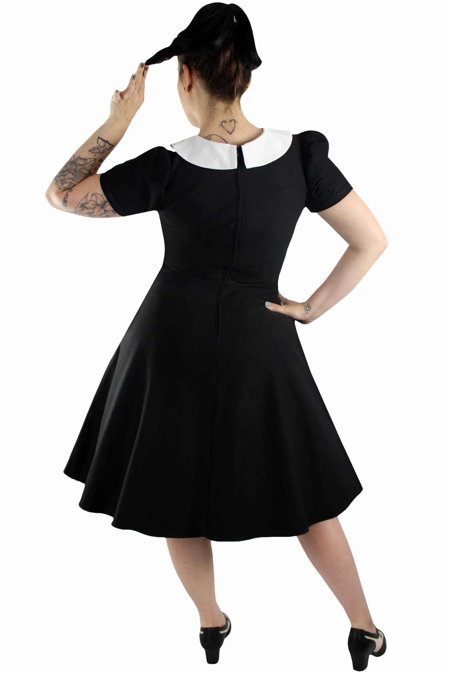 Lace-Trim Neutral Form Wednesday Addams Circle Dress/ Pointy Collar #WED-02
