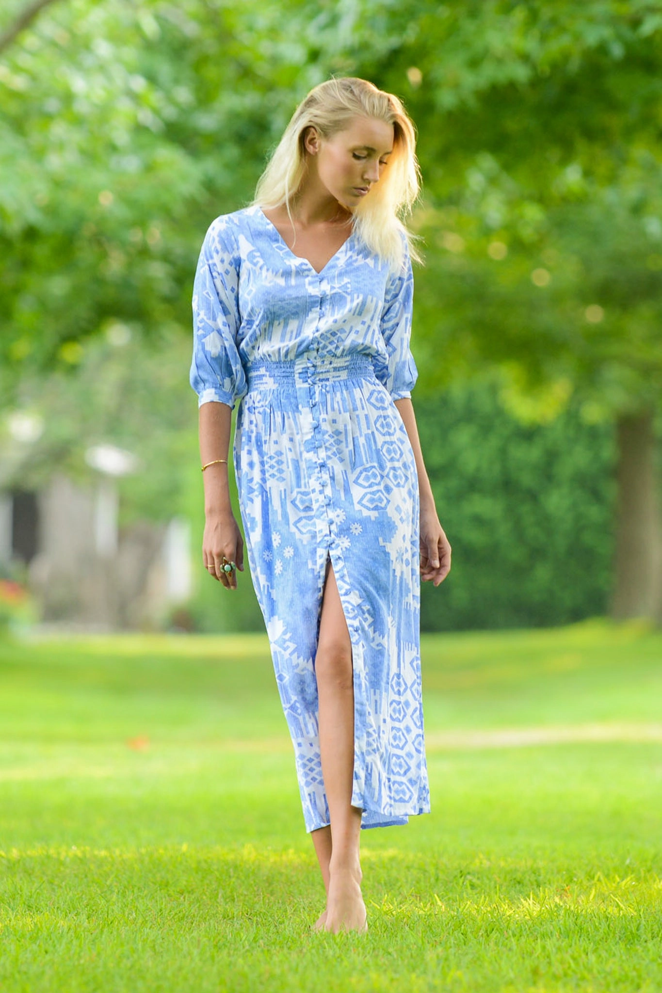 Piped-Edge Kelsey Dress / Periwinkle Ikat