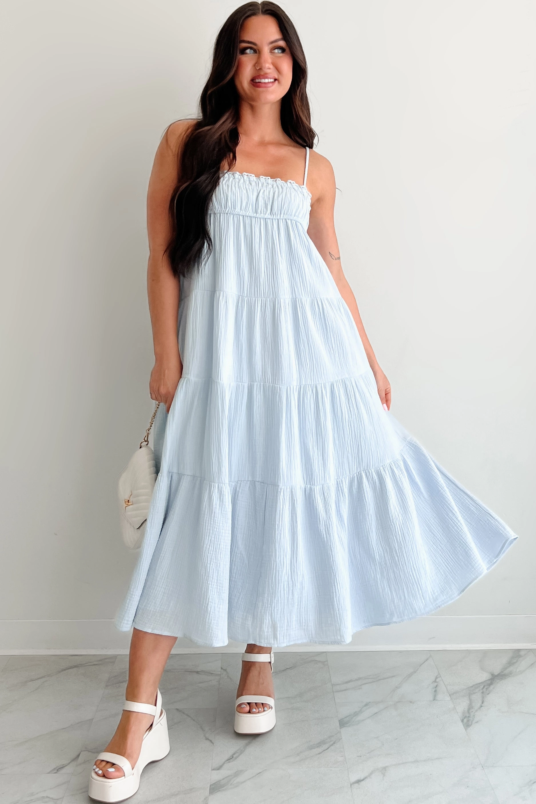 Twilight Glow Sleeveless Tiered Maxi Dress (Light Blue) Fitted Mood
