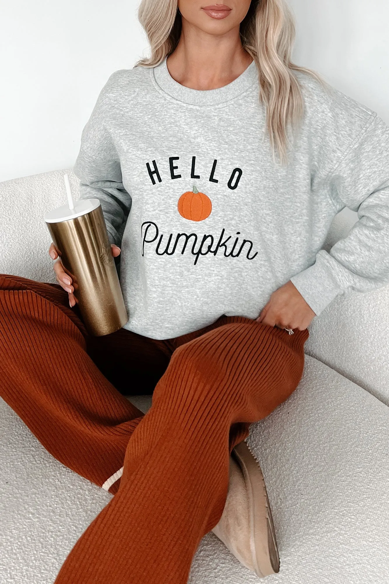 Breathable Hoodie Welcoming Fall "Hello Pumpkin" Crewneck Sweater (Grey)