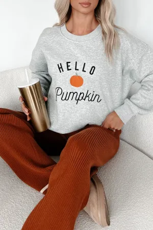 SoftLining Ribbed Trim Details Welcoming Fall "Hello Pumpkin" Crewneck Sweater (Grey)