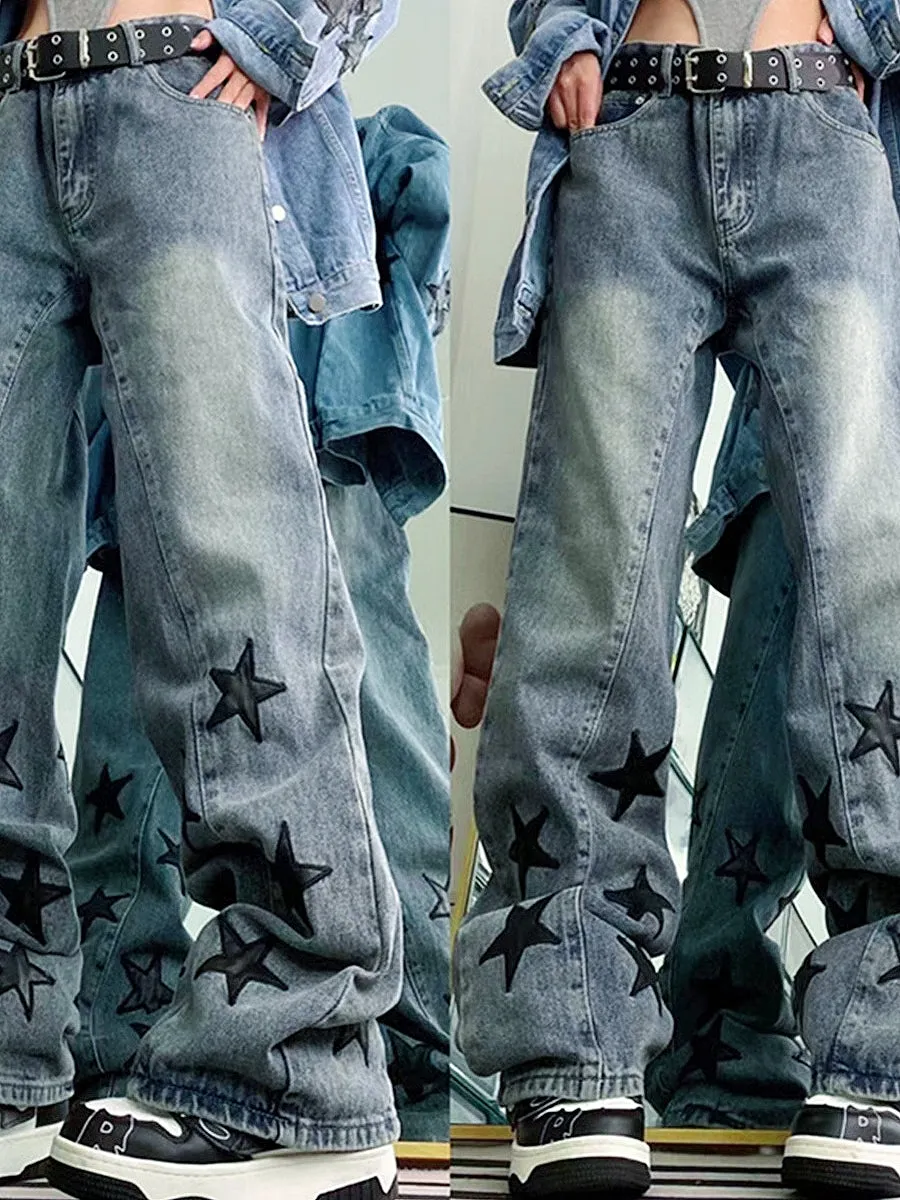 Wenkouban-Vintage Denim Star Patch Boyfriend Jeans/Vintage Denim Star Patch Boyfriend Jeans- Streetwear y2k outfits Fall Outfits Christmas Thanksgiving Gift New Year's Eve