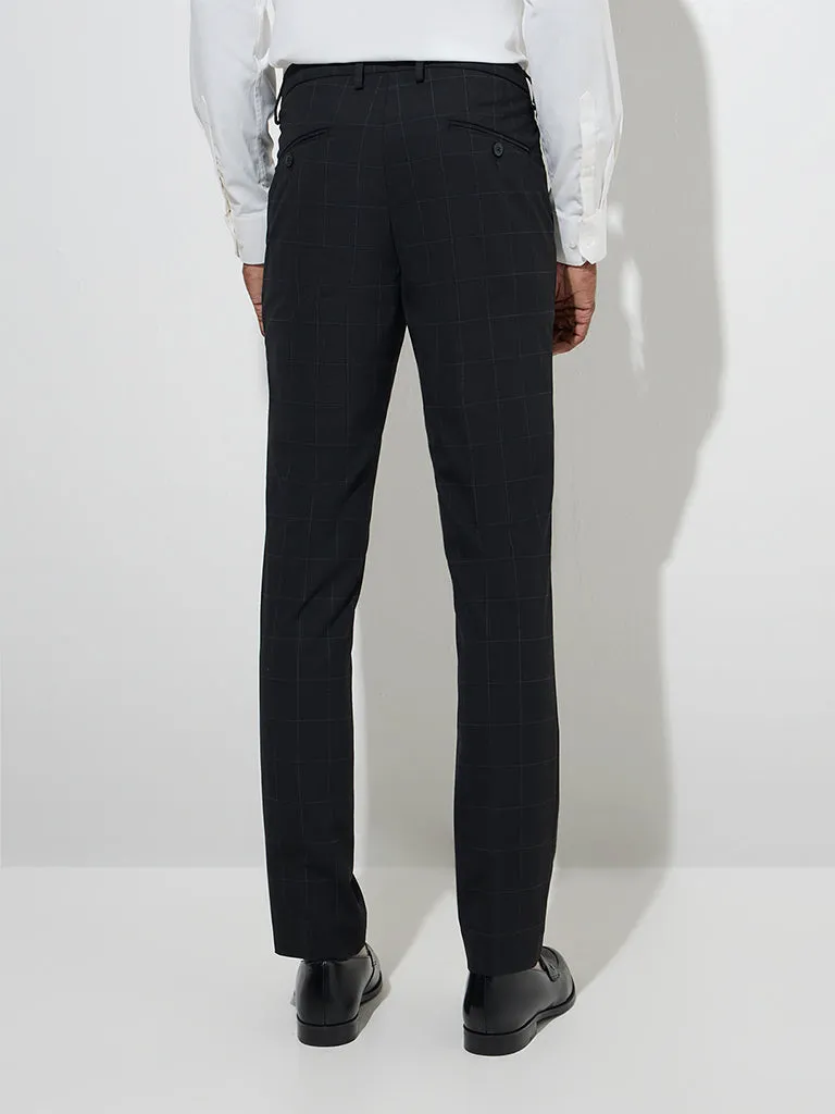 WES Formals Black Checks Ultra-Slim Fit Mid-Rise Trousers